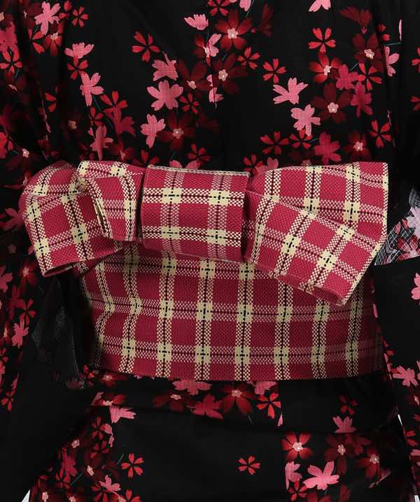 浴衣レンタル | 黒地に濃ピンクの桜模様 チェック柄の帯