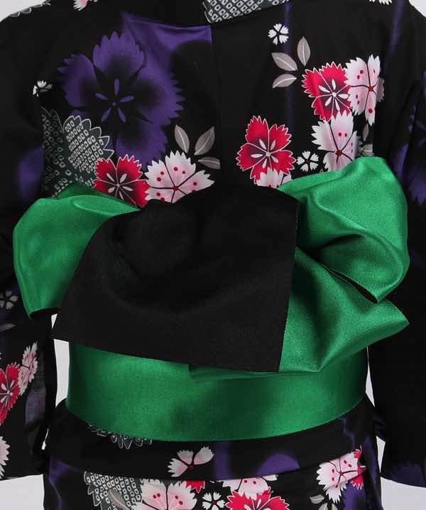 浴衣レンタル | 黒地に紫の暈し桜と三色の桜模様 緑×黒地の帯