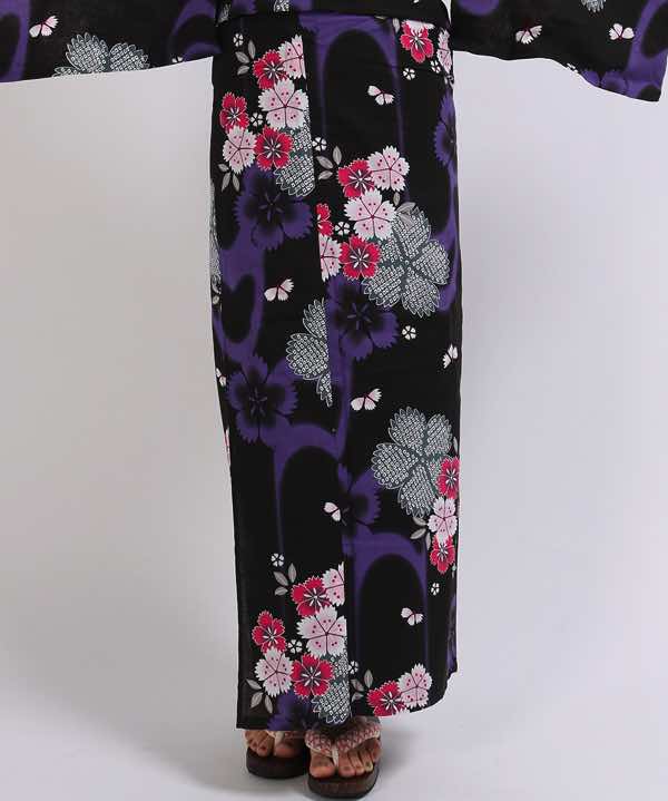 浴衣レンタル | 黒地に紫の暈し桜と三色の桜模様 緑×黒地の帯