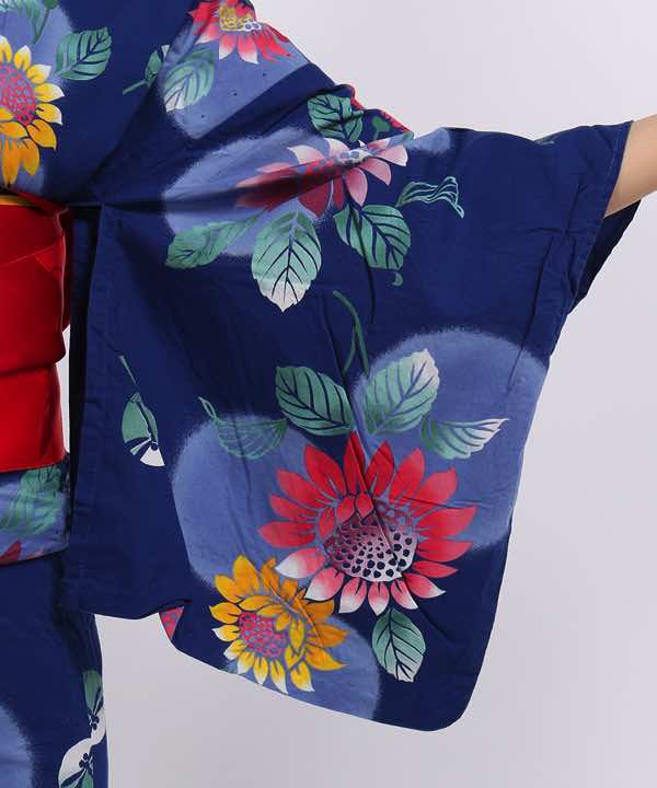 浴衣レンタル | 青地に水玉と二色の向日葵 赤地に蝶模様の帯