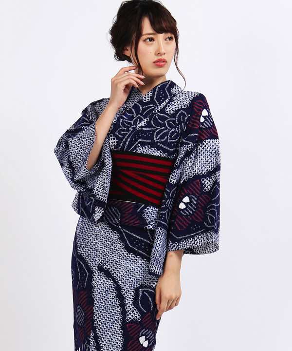 浴衣レンタル | 青地に絞りの花模様 赤と黒地の縞模様の帯 | hataori(ハタオリ)