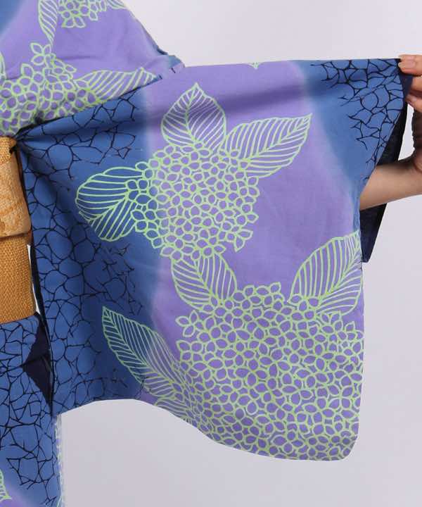 浴衣レンタル | 薄紫地に濃淡の暈し 紫陽花 麻の葉と桜文様の帯