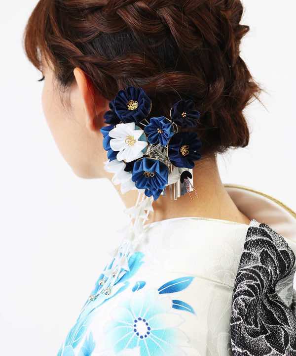 髪飾りレンタル | 濃紺×藍 鶴付きつまみ細工