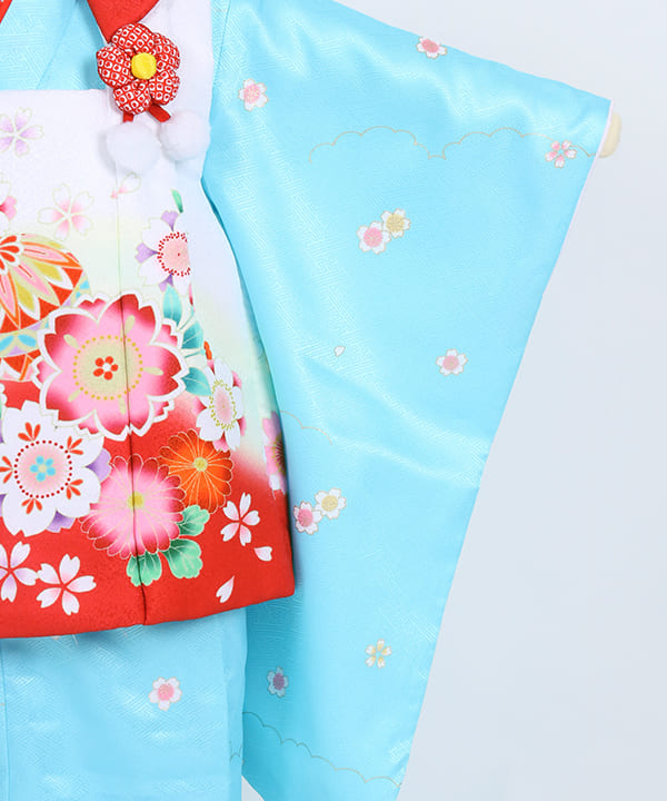 七五三(三歳女の子)レンタル | 水色地に小さな花 鞠と桜の被布