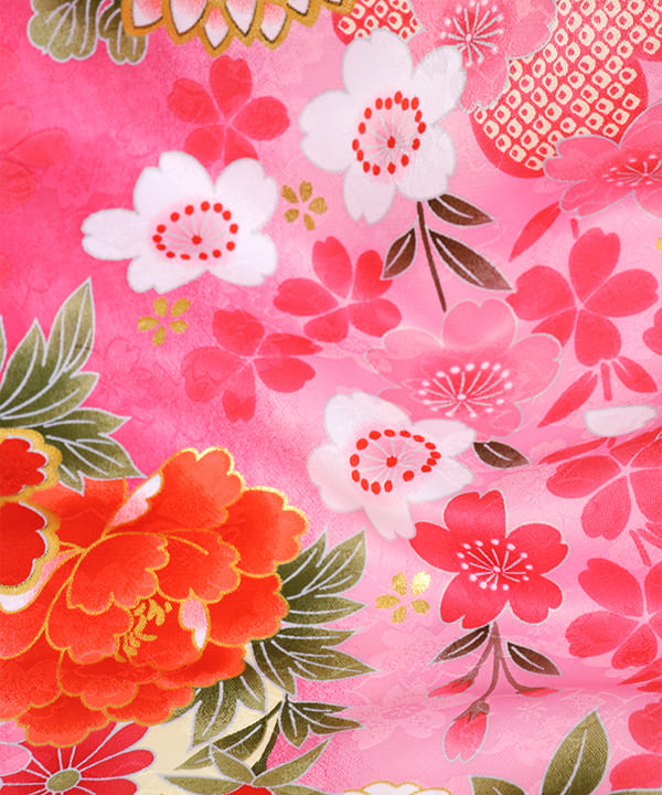 七五三(三歳女の子)レンタル | 赤地にピンクのグラデーションに鞠と八重桜