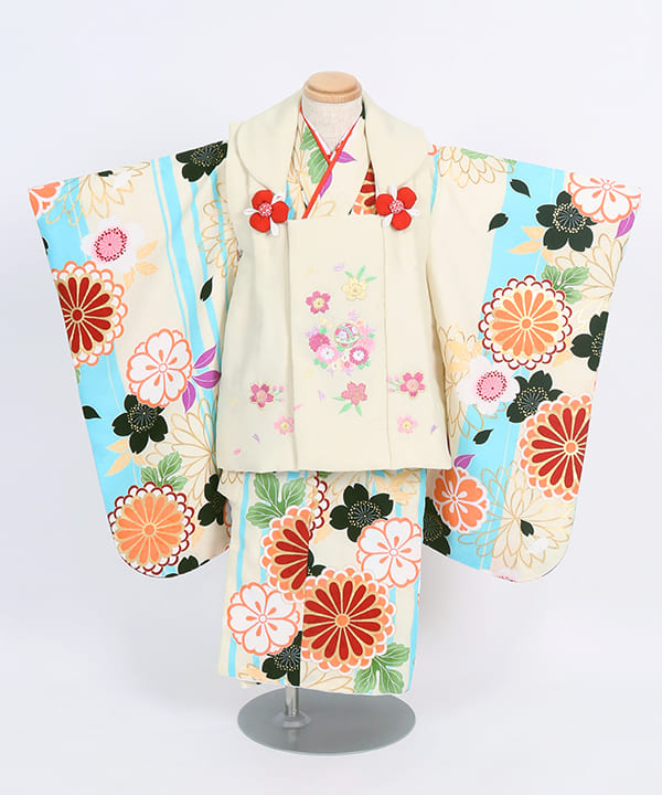 七五三(三歳女の子)レンタル | 水色地ストライプ 菊と桜