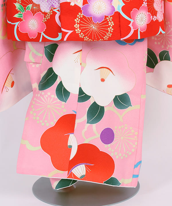 七五三(三歳女の子)レンタル | 薄ピンクに花地紋と椿