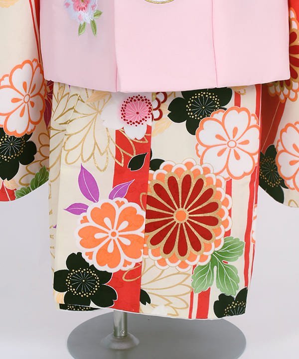 七五三(三歳女の子)レンタル | クリーム地に橙色のストライプ 菊と桜