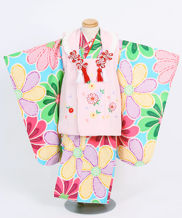 七五三(三歳女の子)レンタル | 水色地に大きな菊 ピンクの被布に菊の花