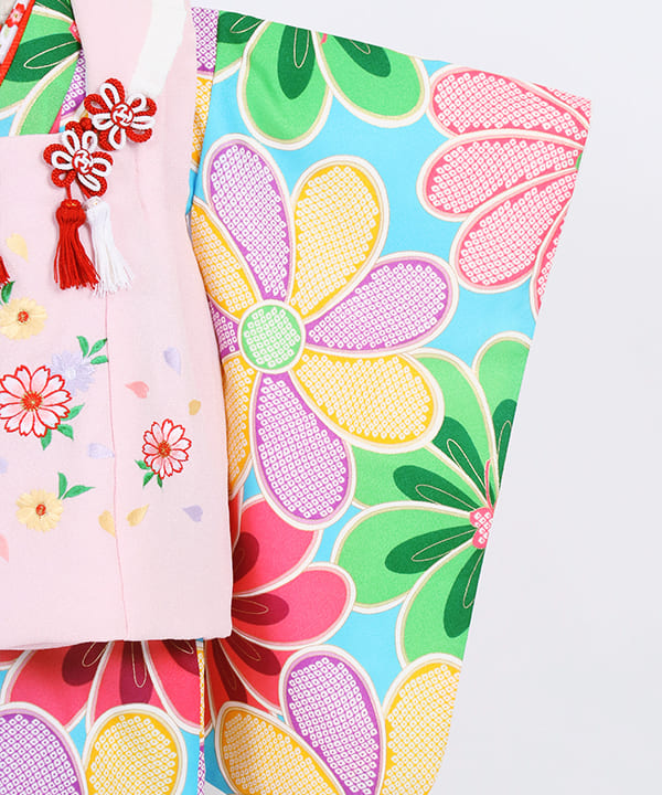 七五三(三歳女の子)レンタル | 水色地に大きな菊 ピンクの被布に菊の花