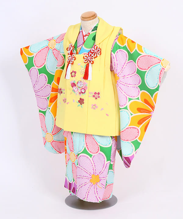 七五三(三歳女の子)レンタル | 緑地に大きな菊 黄色の被布に花合せ