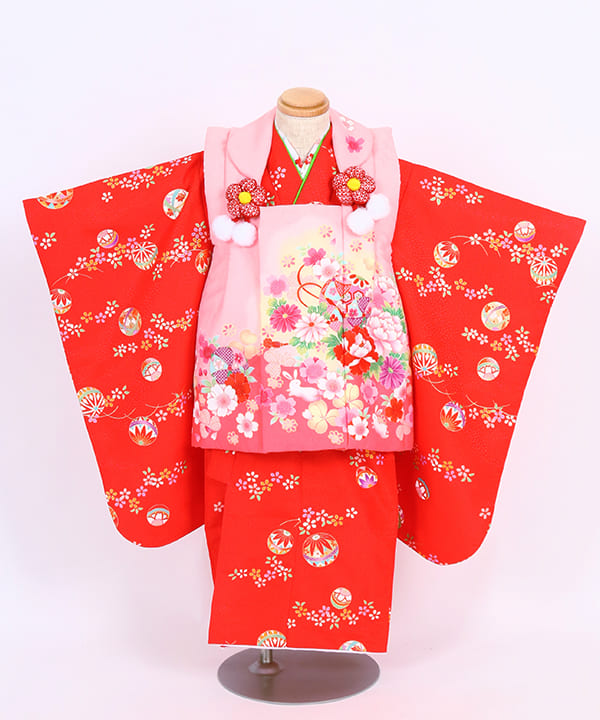 七五三(三歳女の子)レンタル | 赤地に小さな鞠と藤 ピンク地に桜と椿の被布