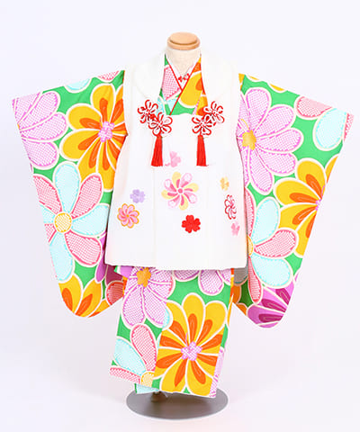 七五三(三歳女の子)レンタル | 水色地に大きな菊 白いの被布に花車