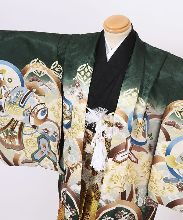 七五三(五歳)レンタル | 深緑色 青海波文様と鷹 暈しの金丸紋袴