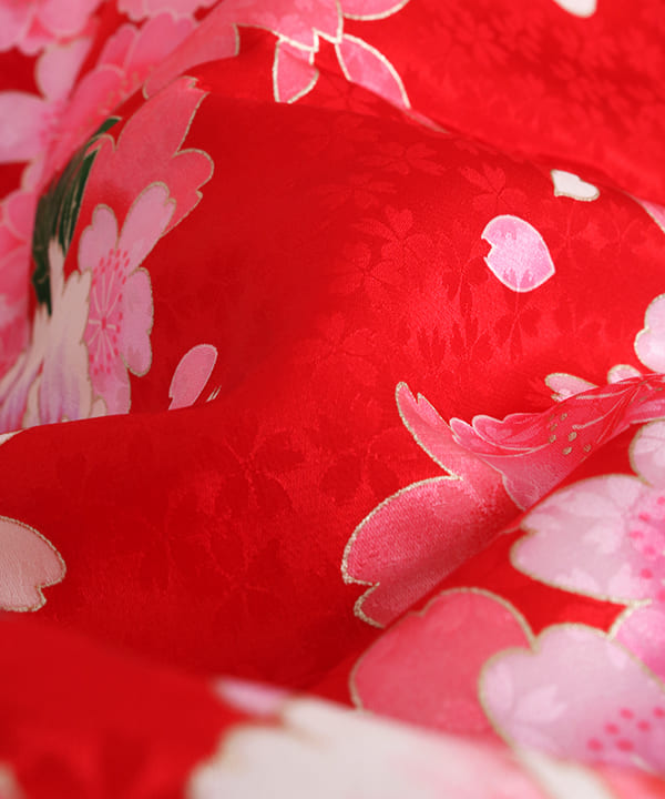 七五三(七歳)レンタル | 正絹 赤地 八重桜と芍薬