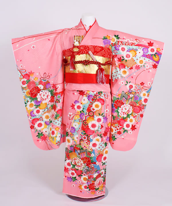 七五三(七歳)レンタル | 正絹 ピンク 熨斗文様に金彩の花車