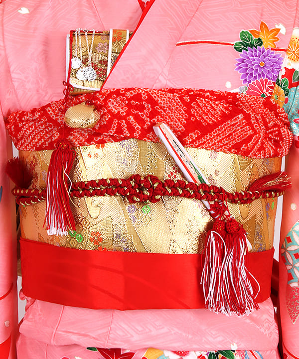 七五三(七歳)レンタル | 正絹 ピンク 熨斗文様に金彩の花車