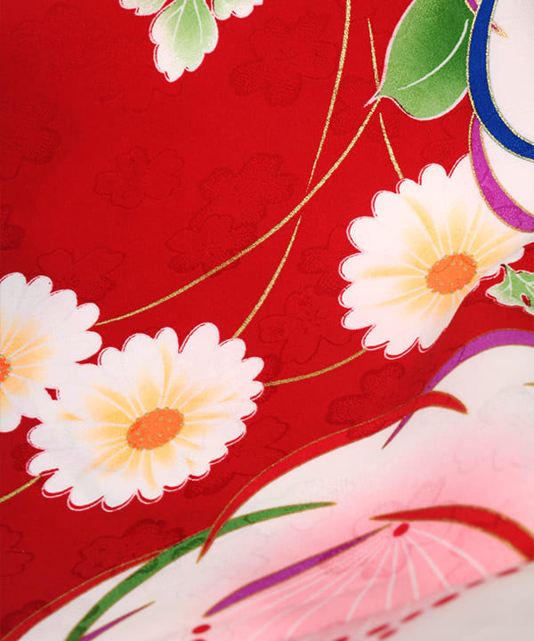 七五三(七歳) |紅赤地に桃の花と雛菊