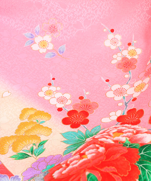 七五三(七歳) |ピンクに桜の地紋と花車 白銀帯