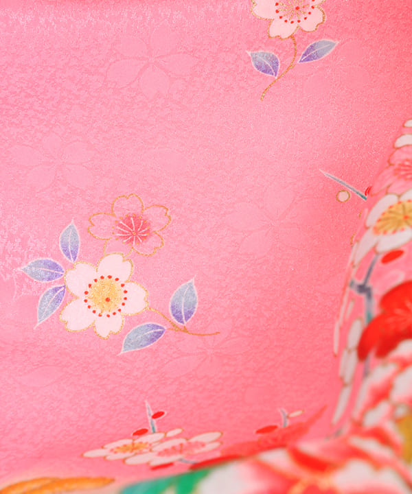 七五三(七歳) |ピンクに桜の地紋と花車 緑帯