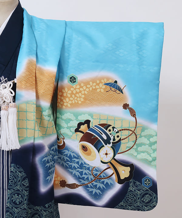 七五三(三歳男の子)レンタル | 水色地に打出の小槌文 紺色の仙台平袴
