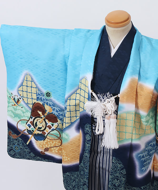 七五三(三歳男の子)レンタル | 水色地に打出の小槌文 紺色の仙台平袴