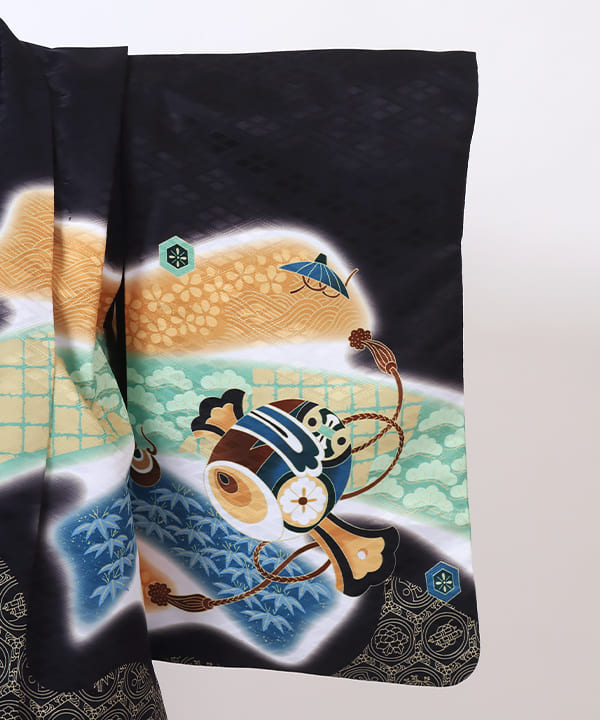 七五三(三歳男の子)レンタル | 黒地に打出の小槌文 グラデーションの花菱紋袴