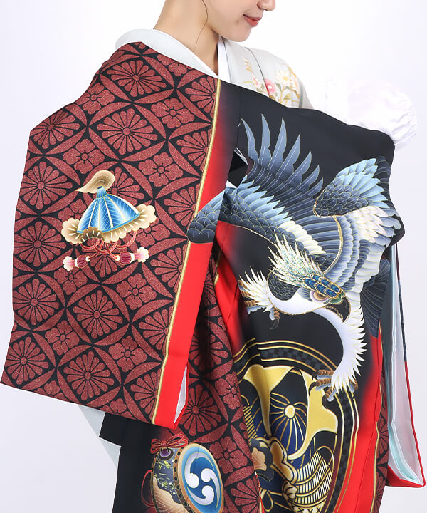 産着(お宮参り)|臙脂色 菱菊紋に鷹と兜