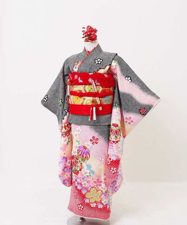 七五三(七歳)レンタル | 正絹 黒とピンクの総絞り調 桜と鞠 | hataori 