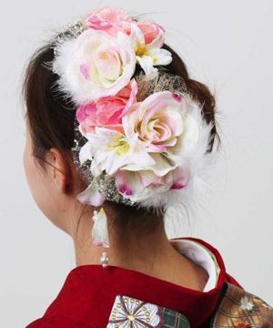 髪飾り | ラメ入りのバラとユリ