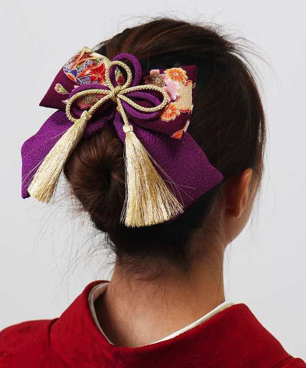 髪飾りレンタル | 金と紫の和風リボン