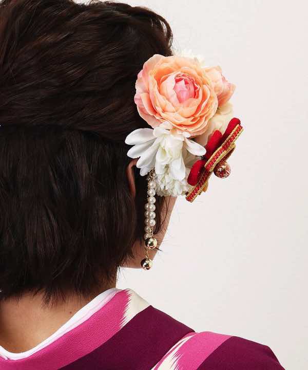 髪飾りレンタル | ピンクオレンジの薔薇と華リボン