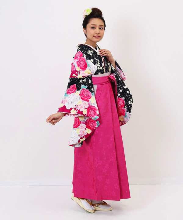 卒業式袴レンタル | 黒地にドット 薔薇と牡丹 ピンク刺繍袴