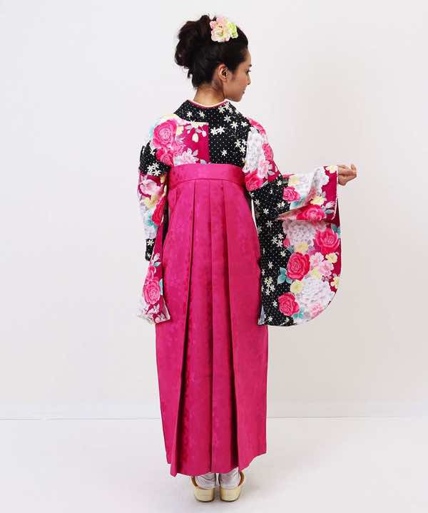 卒業式袴レンタル | 黒地にドット 薔薇と牡丹 ピンク刺繍袴