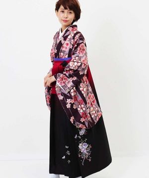 卒業式袴 | 茶紫の大矢絣×臙脂ぼかし刺繍袴