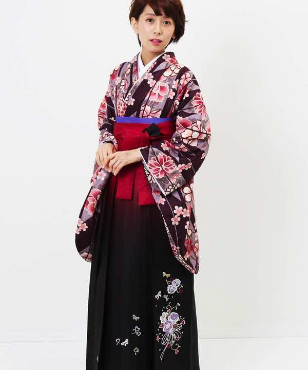卒業式袴レンタル | 茶紫の大矢絣×臙脂ぼかし刺繍袴
