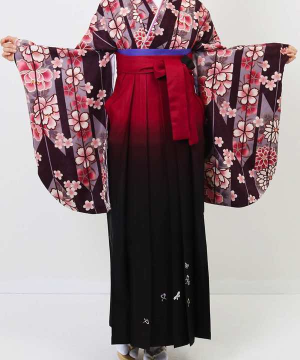 卒業式袴レンタル | 茶紫の大矢絣×臙脂ぼかし刺繍袴