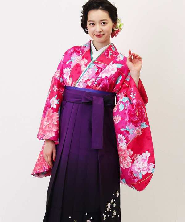 卒業式袴レンタル | ピンク牡丹に紫ぼかし刺繍袴