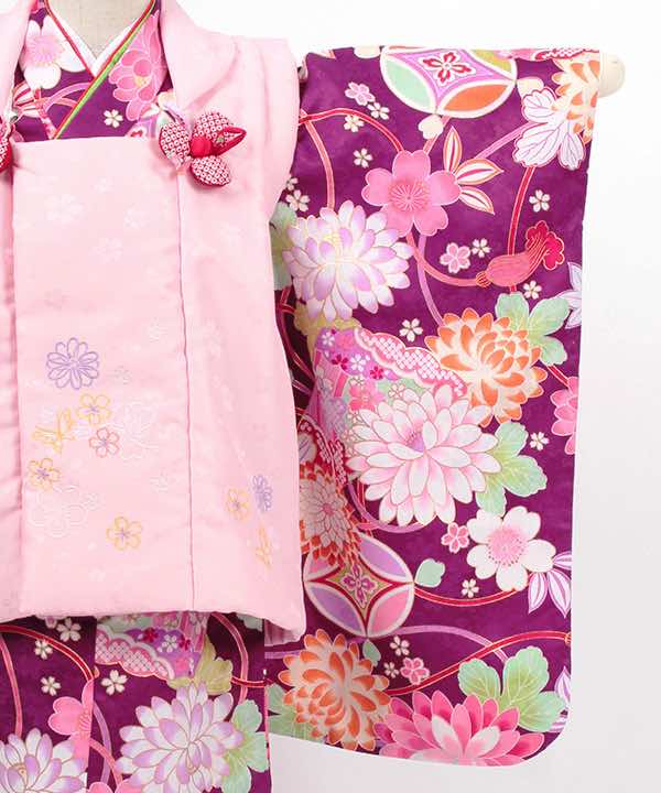 七五三(三歳)レンタル | 紫地に七宝文と菊や桜　薄ピンク被布