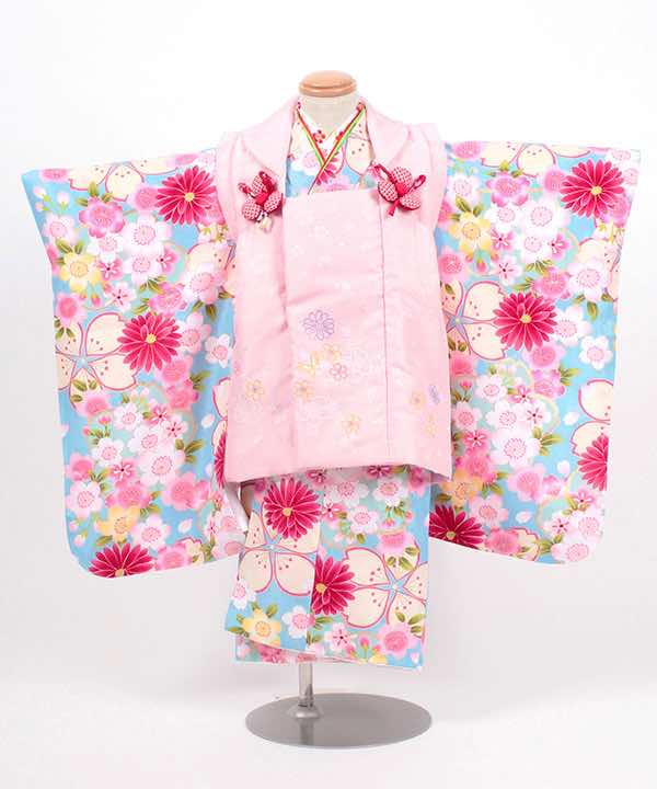 七五三(三歳)レンタル | 水色地に大小の桜とマリーゴールド　薄ピンク被布　刺繍衿