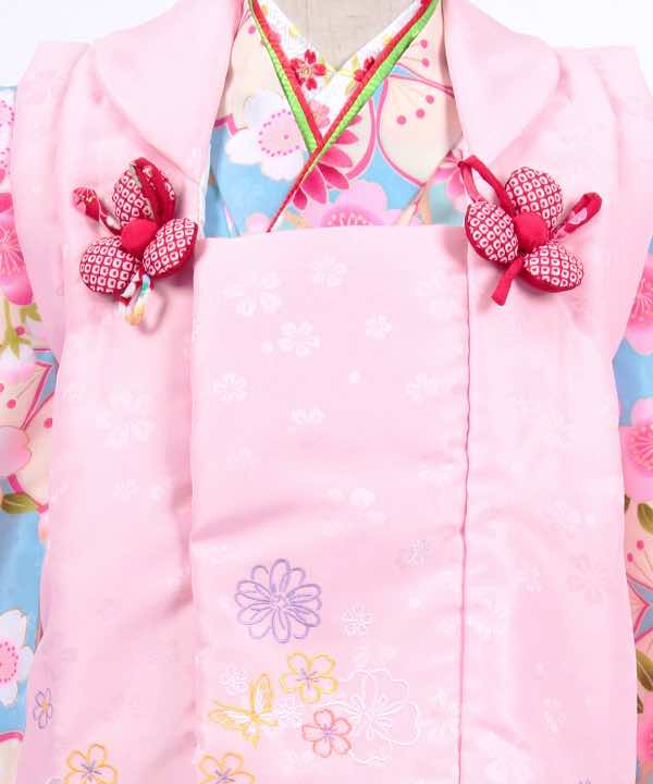 七五三(三歳)レンタル | 水色地に大小の桜とマリーゴールド　薄ピンク被布　刺繍衿