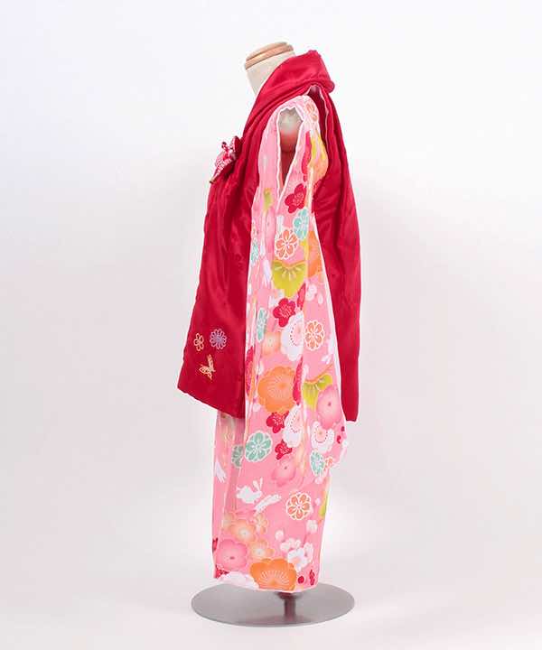 七五三(三歳)レンタル | ピンク地に梅と松文　赤被布に刺繍