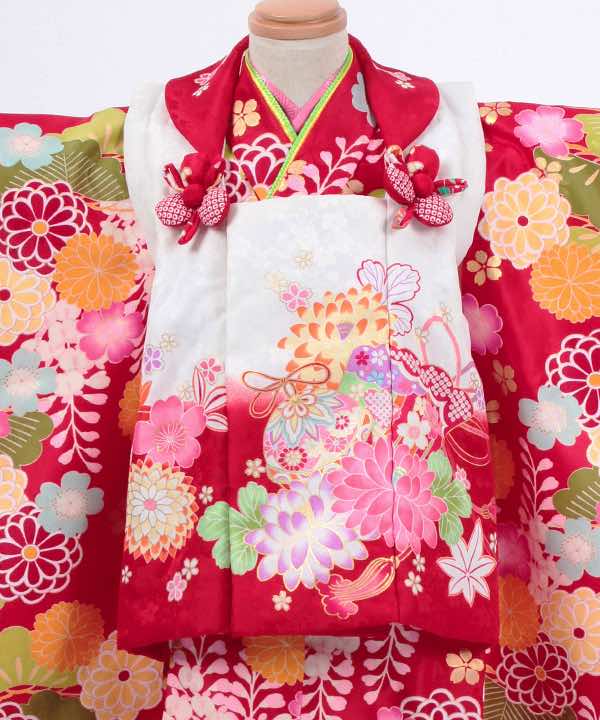 七五三(三歳)レンタル | 赤地に桜と八重菊と松文　白×赤被布に鞠と花模様