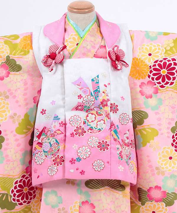 七五三(三歳)レンタル | ピンク地に藤と鞠菊と桜　白×ピンク被布に熨斗と鞠