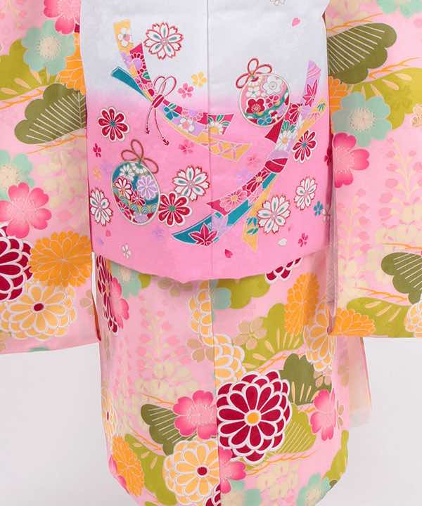 七五三(三歳)レンタル | ピンク地に藤と鞠菊と桜　白×ピンク被布に熨斗と鞠
