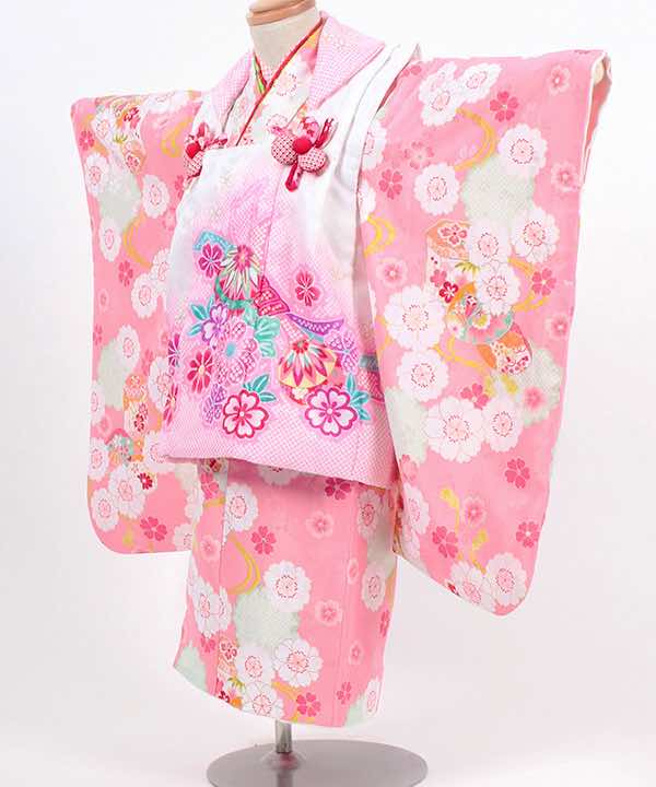 七五三(三歳)レンタル | ピンク地に桜と貝桶　白×ピンク絞り調被布に熨斗と鞠模様
