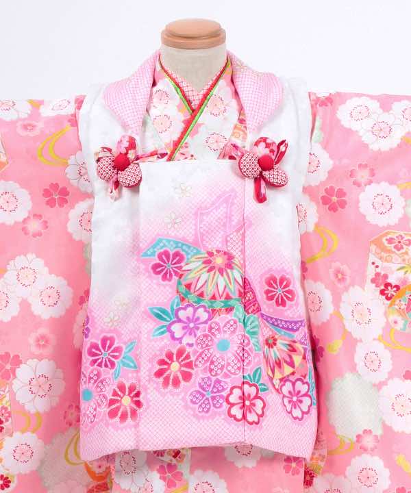 七五三(三歳)レンタル | ピンク地に桜と貝桶　白×ピンク絞り調被布に熨斗と鞠模様