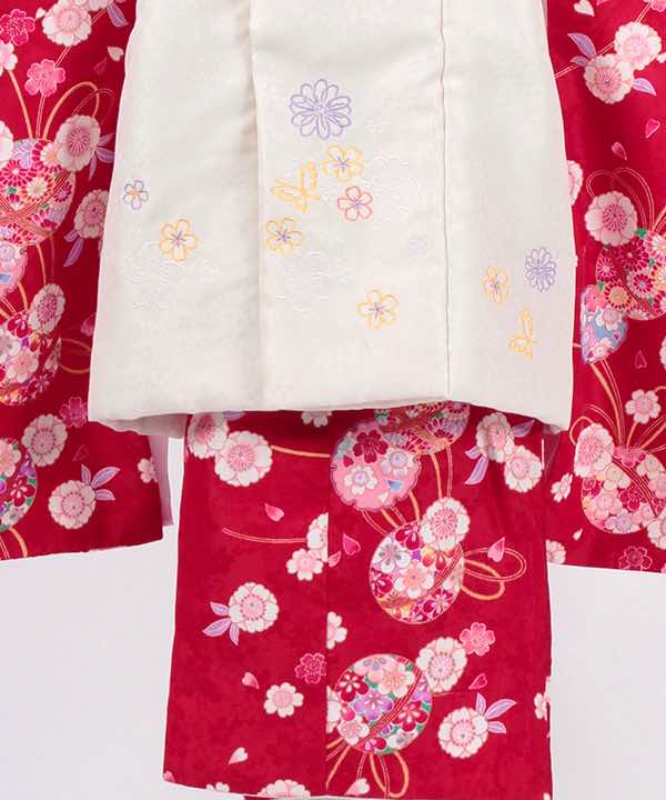 七五三(三歳)レンタル | 赤地に花丸文の花束風　白被布に刺繍