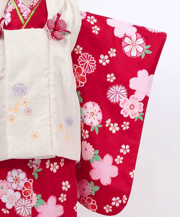 七五三(三歳)レンタル | 赤地に桜と菊 小花の白被布