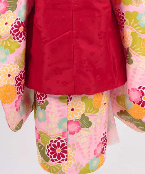 七五三(三歳)レンタル | 薄ピンク地に桜と八重菊と松文　小花の赤被布